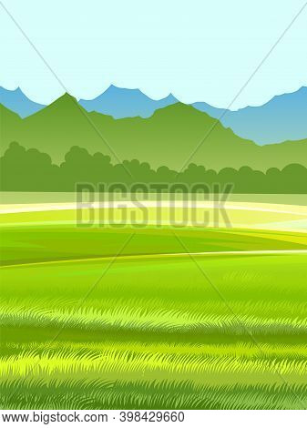 Rural Landscape. Hills And Meadows. Pastures And Farmland. Beautiful Nature View. The Horizon Is Dis