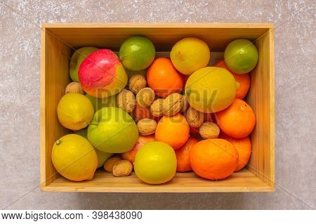 Fresh Fruits In A Wooden Box. Mix Of Fruits. A Lot Of Vitamins. Variety Of Fruits In Wooden Crate Bo