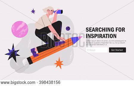 Woman Designer Flying On Pencil . Creative Or Educational Process Banner, Ad, Landing Page Or Poster