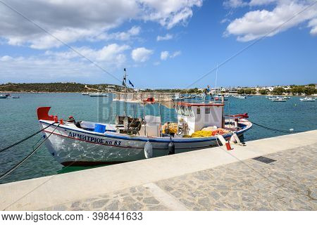Paros, Greece - September 27, 2020: Fishing Boat In Aliki Harbor. Aliki Is Beautiful Coastal Village