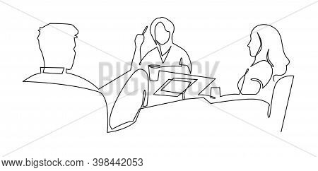 Women Work Together For Business Lunch Vector Art. Business Team Meeting Continuous Line Drawing. Fr