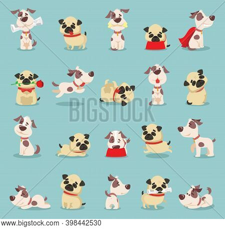 Vector Illustration Set Of Cute And Funny Cartoon Little Dogs-pupies