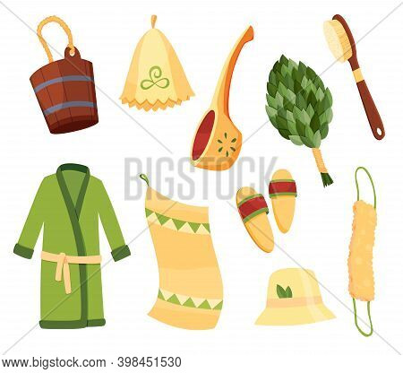 Bath House Sauna Elements. Equipment Set Broom Bucket Towel Slippers Bathrobe Washcloth Hat And Scoo