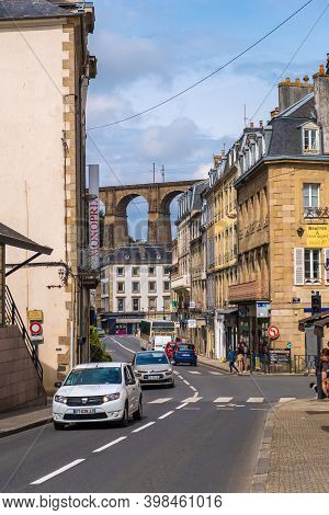 Morlaix, France - August 28, 2019: Street In The Historical Center Of Morlaix With Its Viaduct In Th
