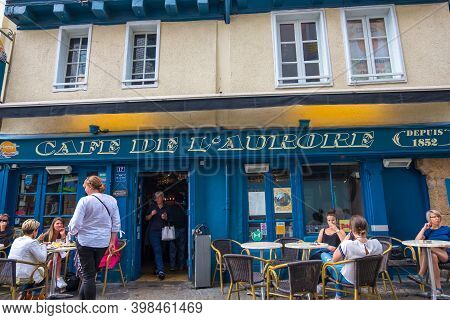 Morlaix, France - August 28, 2019: Retro Storefront Of Patisserie And Cafe In The Town Center Of Mor