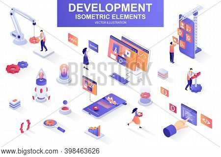 Development Company Bundle Of Isometric Elements. Interface Prototyping, Back End Development, Devel