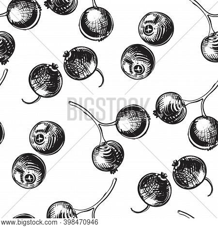 Detailed Hand Drawn Black And White Seamless Pattern Of Berry, Cane Fruit. Sketch. Vector. Blackcurr