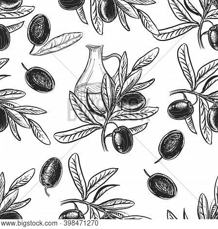 Detailed Hand Drawn Black And White Seamless Pattern Of Olive, Oil, Leaf. Sketch. Vector In Graphic 