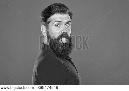 Bearded And Playful. Bearded Man Stick Tongue Out Red Background. Unshaven Hipster With Bearded Face