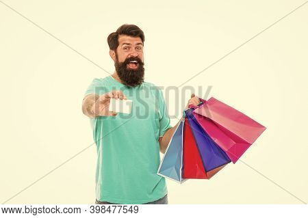 Easier Than Ever. Contactless Payment. Credit Card. Bearded Man With Bags And Discount Card. Purchas