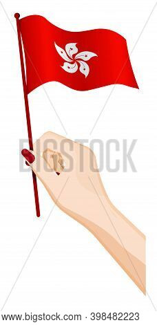 Female Hand Gently Holds Small Flag Of Hong Kong. Holiday Design Element. Cartoon Vector On White Ba