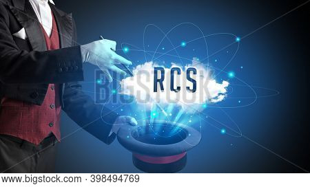 Magician is showing magic trick with RCS abbreviation, modern tech concept