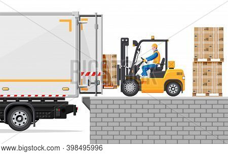 Forklift Loading Pallet Boxes Into Truck. Warehouseman With Checklist. Electric Uploader Loading Car