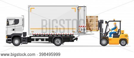 Forklift Loading Pallet Boxes Into Truck. Warehouseman With Checklist. Electric Uploader Loading Car