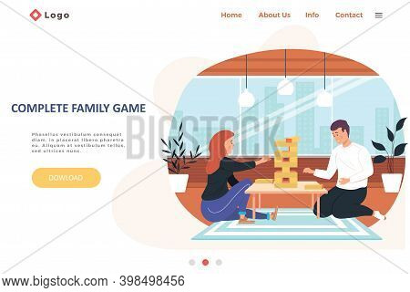 Complete Family Game Landing Page Template With Happy Family Or Friends Playing Jenga Game At Home O