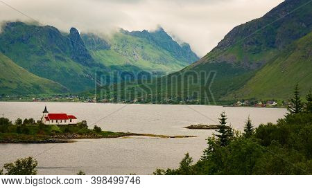 Fjord Landscape With Sildpollnes Chapel, Lofoten Islands, Sildpollneset Peninsula On Of Austvagoya, 