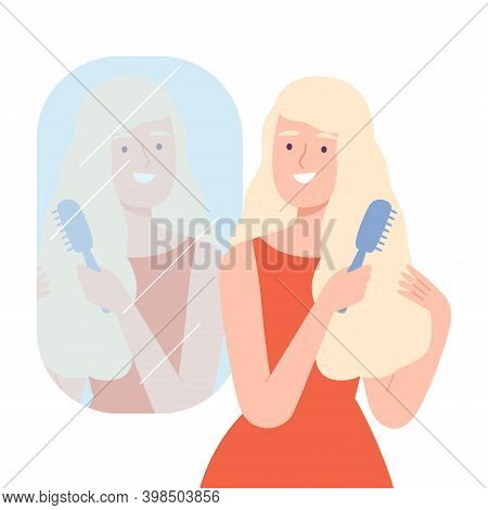 Beautiful Blonde Young Woman Combing Her Hair Looking At Herself In Mirror Cartoon Style Vector Illu