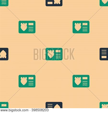 Green And Black Police Badge With Id Case Icon Isolated Seamless Pattern On Beige Background. Vector