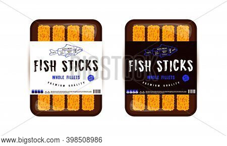 Label Design For Packaging Of Fish Sticks. Hand-drawn Style. Color Scheme Option