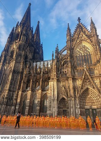 Cologne Germany November 2020, Alongside The Rhein River During Sunset With The Huge Cathedral In Ko