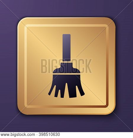 Purple Feather Broom For Cleaning Icon Isolated On Purple Background. Feather Duster. Gold Square Bu