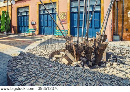 Nicosia, Cyprus, September 24, 2017: Civil Rights Stone Monument In Ledra Street Near Border Passpor