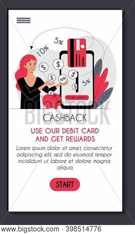 Mobile Banking App Template. Cashback For Purchases By Credit Card. Saving Accumulating Money. Young