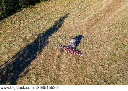 Tractor With Tedders, Top Down Aerial View, Agriculture And Farming