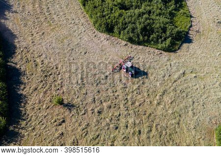 Tractor With Tedders, Top Down Aerial View, Agriculture And Farming