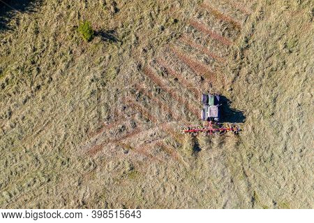 Tractor With Tedders, Top Down Aerial View, Agriculture And Farming