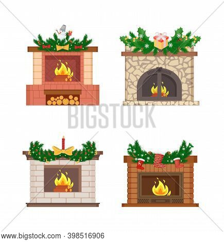 Fireplaces Decorated With Pine Branches Isolated Icons Vector. Christmas Winter Holidays Decoration,