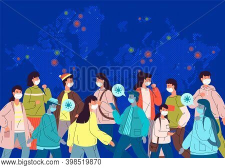 Coronavirus Pandemic Concept. World Map And Crowds Of People Wearing Masks On All Continents. Covid-