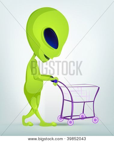 Cartoon Charakter lustig Alien isoliert auf grauem Hintergrund mit Farbverlauf. Einkaufen. Vektor EPS 10.