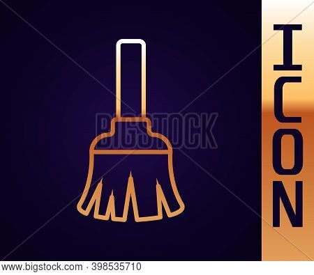 Gold Line Feather Broom For Cleaning Icon Isolated On Black Background. Feather Duster. Vector