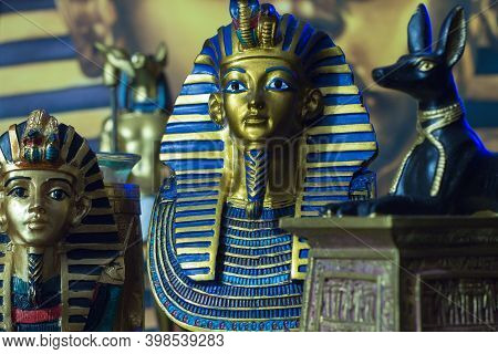 Still Life Of Statues Of King Pharaoh Tutankhamun Tutankhamen And Mythology Jackal Anup In Blue