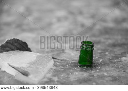 Water Level Indicator Drinking Bottle Frozen In Ice - Highlight The Effect