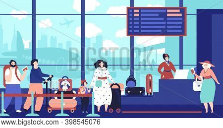 Airport Check In Queue. Girl Waiting Plane, Travelling People In Line. Departure Area, Persons Decen