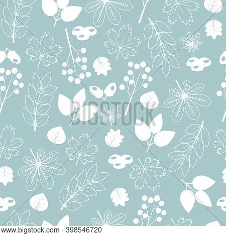 Seamless Autumn Pattern With White Leaves And Berries For Textiles, Packaging