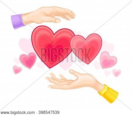 Red Hearts And Male And Female Outstretched Hand As Love And Affection Sign Vector Illustration