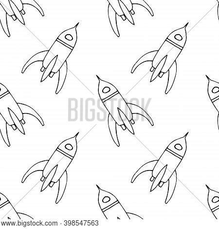 Hand Draw Rocket Or Spaceships With Austronaut In Open Space Seamless Pattern For Comic Cartoon Desi