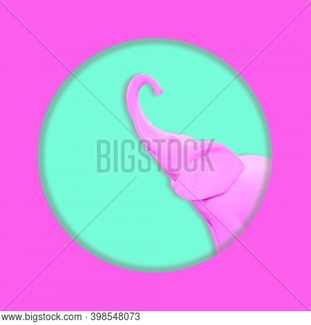 Contemporary Collage. Pink Elephant On A Turquoise Background. Art Concept, Abstraction.