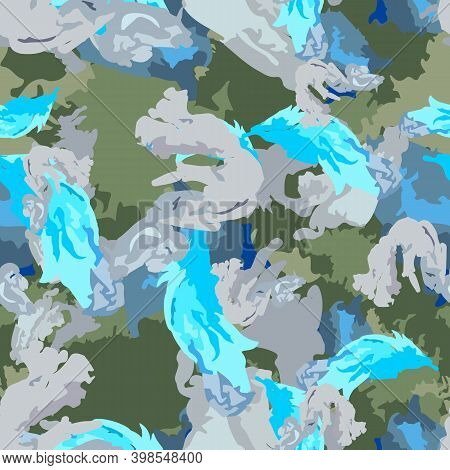 Winter Camouflage Of Various Shades Of Blue, Green And Grey Colors