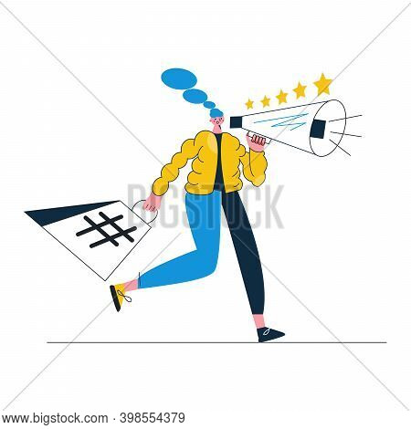 Influencer Concept Young Female Character With Loudspeaker Flat Vector Illustration