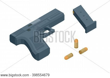 Isometric Pistol Isolated On White Background. Weapon Symbol. Gun With Ammunition.