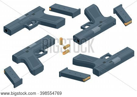 Isometric Pistol Isolated On White Background. Weapon Symbol. Gun With Ammunition.
