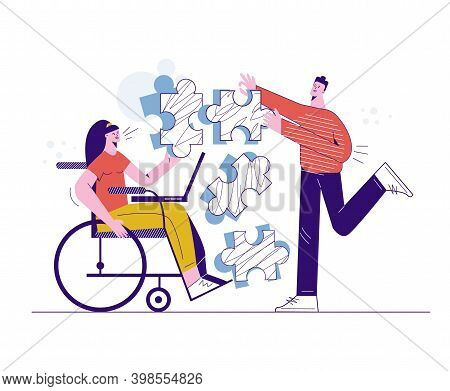 Healthy And Disabled Characters Technology Team Work Concept