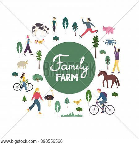 Family Farm Lettering In Hand Drawn Frame Vector Illustration