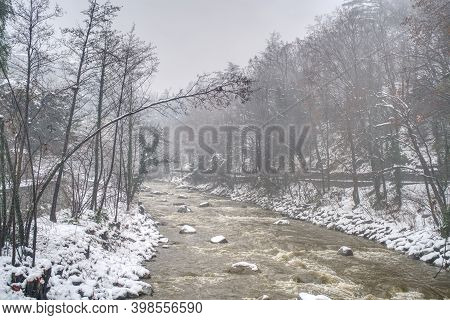 Passer River And Its Promenade In Merano, Italy Covered By Snow.