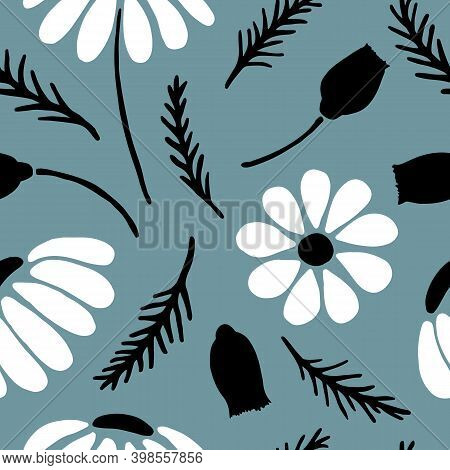 Hand Drawn Daisy Seamless Pattern On Moody Blue Background