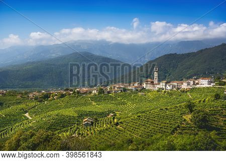 Prosecco Hills, Vineyards And San Pietro Di Barbozza Village. Unesco Site. Valdobbiadene, Treviso, V
